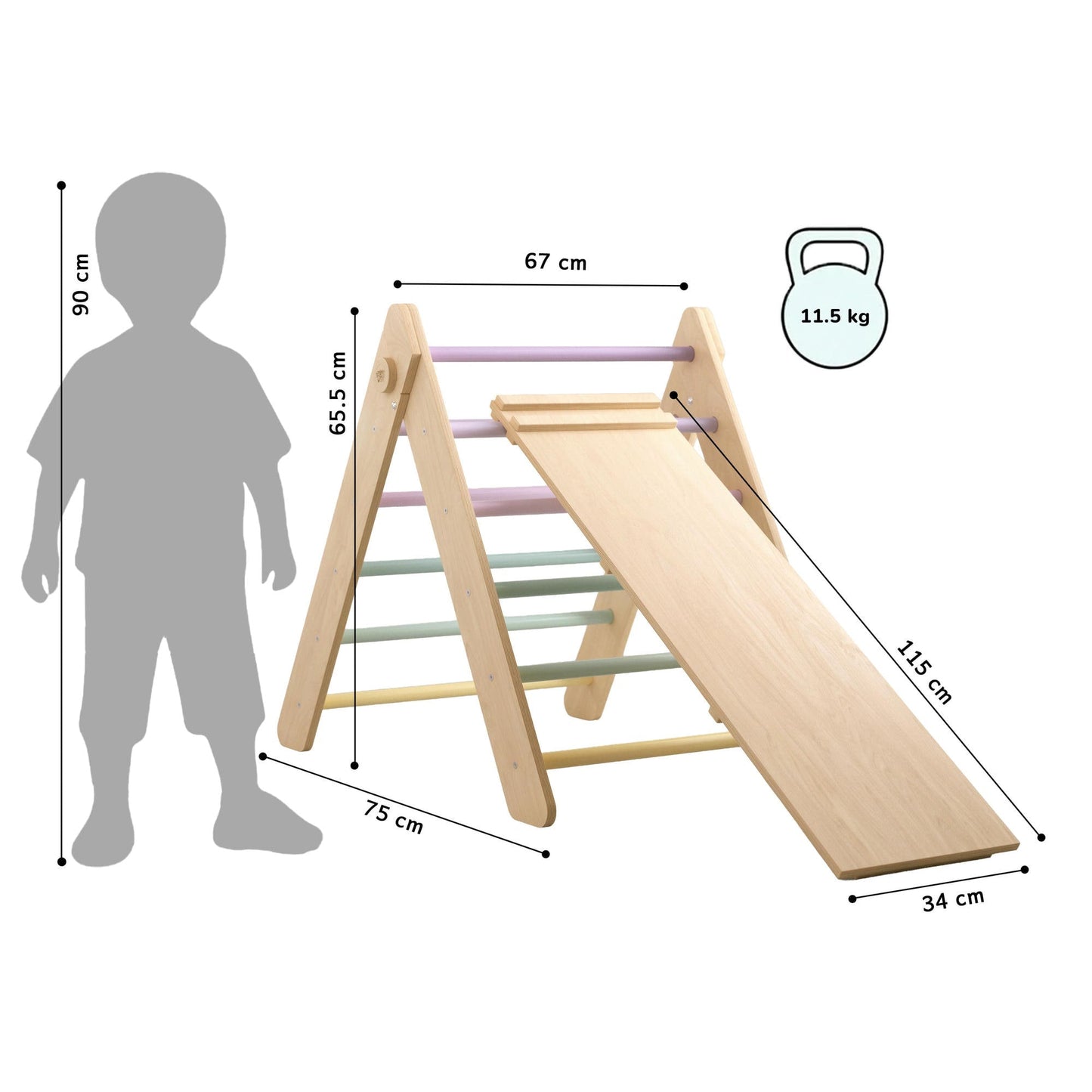 BusyKids Pikler klimdriehoek met plank – regenboog